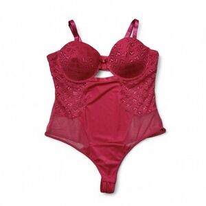 Black Fuchsia By Secret Lace 1 Piece Heart Lace‎ Mesh Thong Lingerie Bodysuit 2X